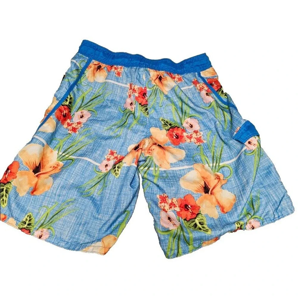 OP Board Shorts Mens Large Blue Tropical Hibiscus Floral Mesh Lined Swim Trunks